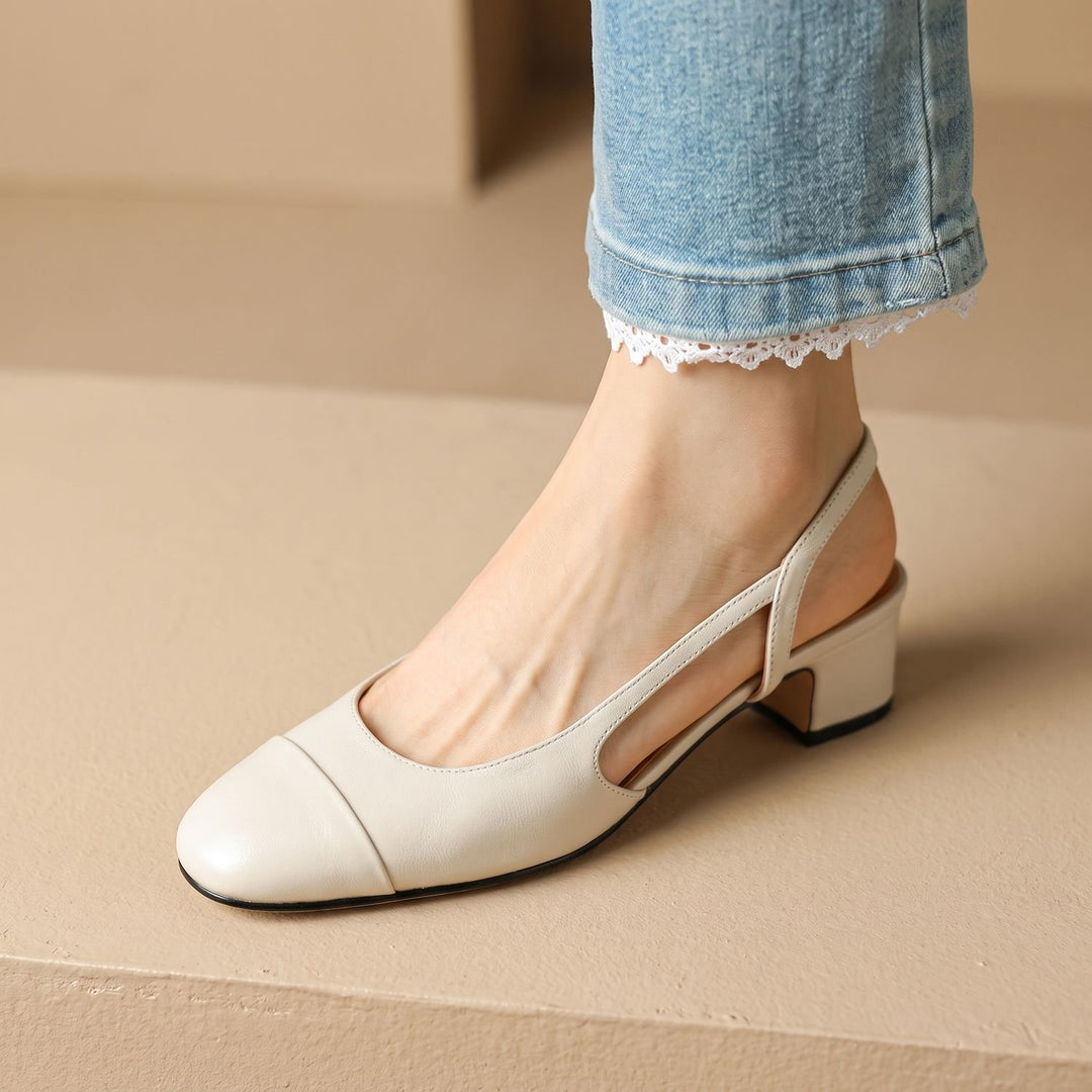 Women's Genuine Leather Slingback Pumps Cushioned Mid Block Heel - Cream