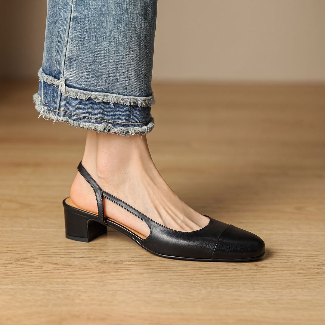 Women's Genuine Leather Slingback Pumps Cushioned Mid Block Heel - Black