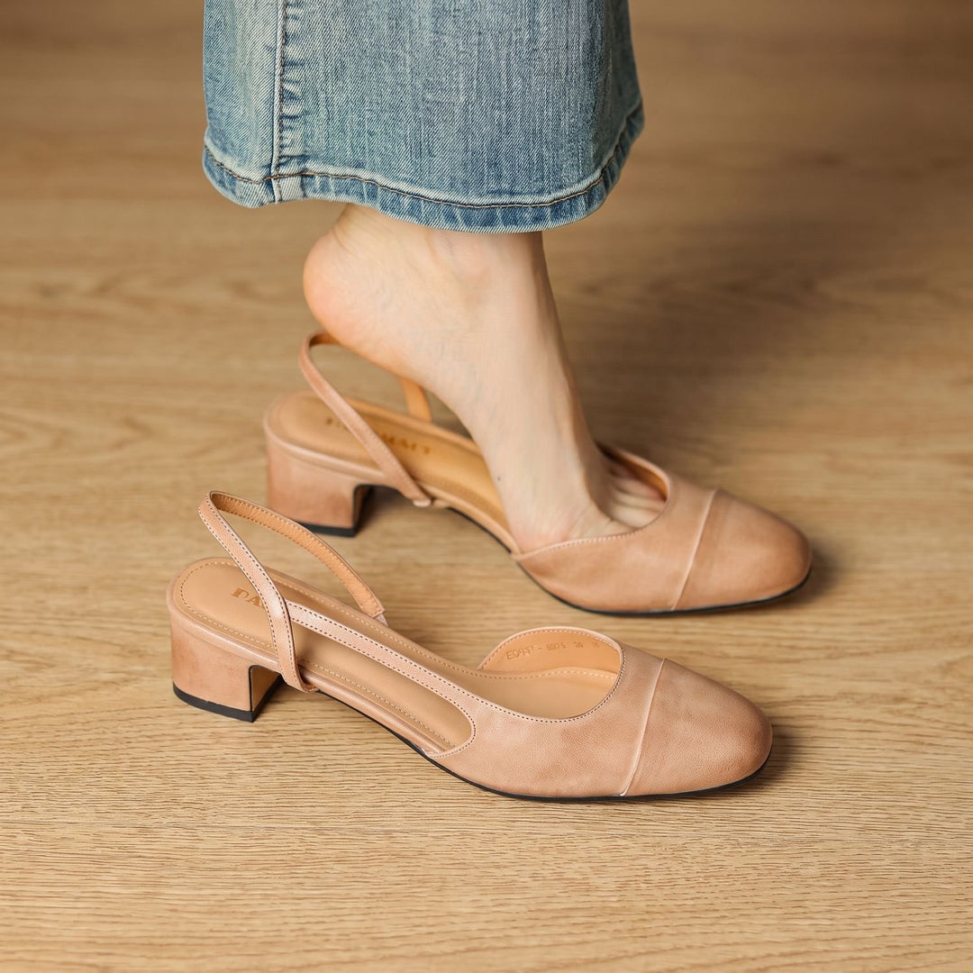 Women's Genuine Leather Slingback Pumps Cushioned Mid Block Heel