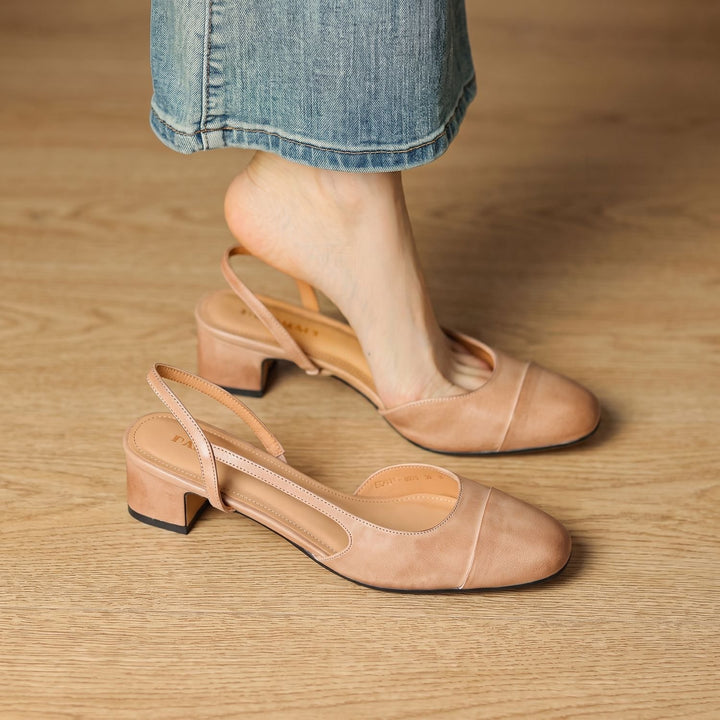 Women's Genuine Leather Slingback Pumps Cushioned Mid Block Heel