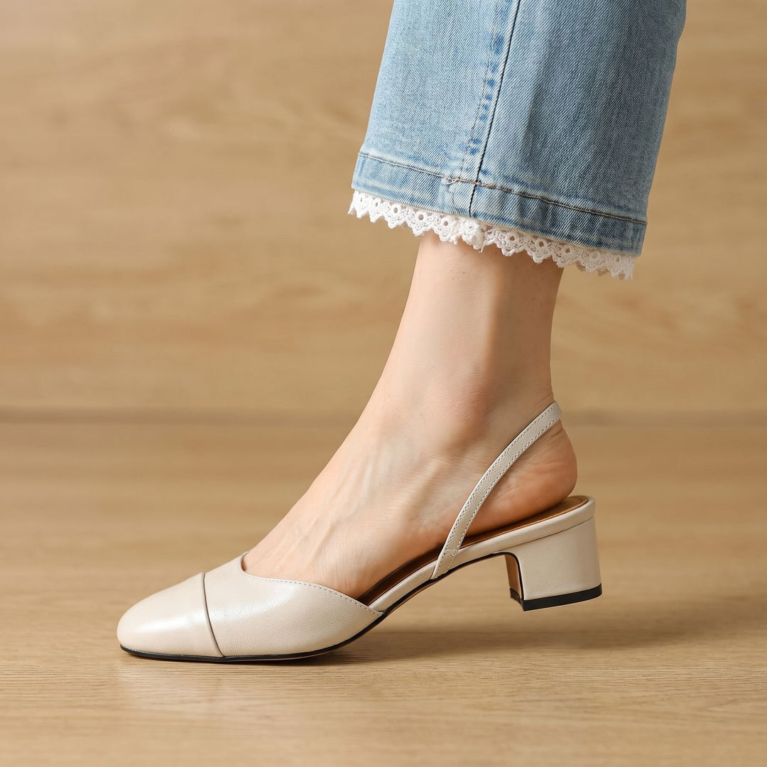 Women's Genuine Leather Slingback Pumps Cushioned Mid Block Heel