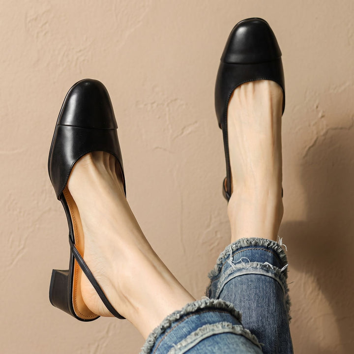 Women's Genuine Leather Slingback Pumps Cushioned Mid Block Heel