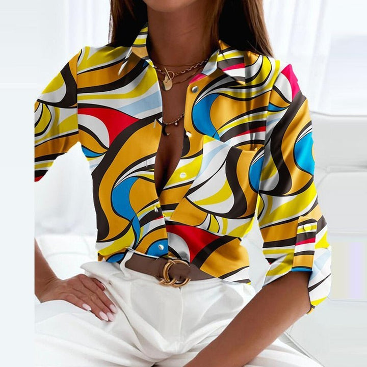 Women's Geometric Print Collared Button-Up Blouse - Yellow
