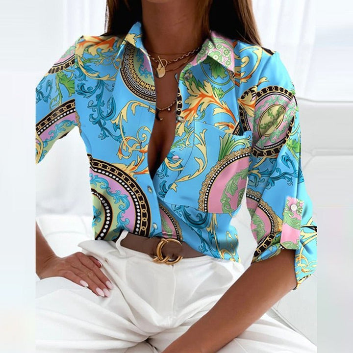 Women's Geometric Print Collared Button-Up Blouse - Light Blue