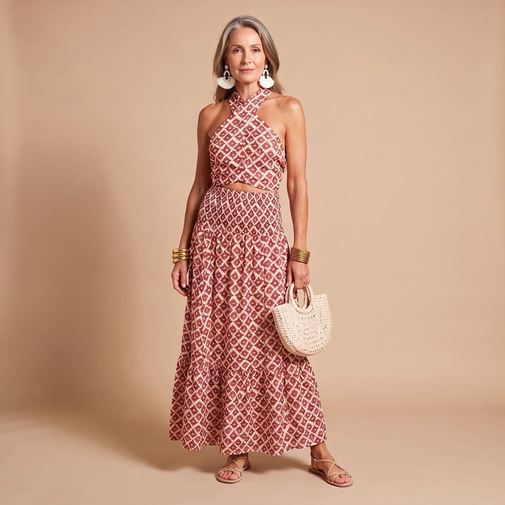 Women's Geometric Print Halter Neck Cutout Maxi Two Piece Set