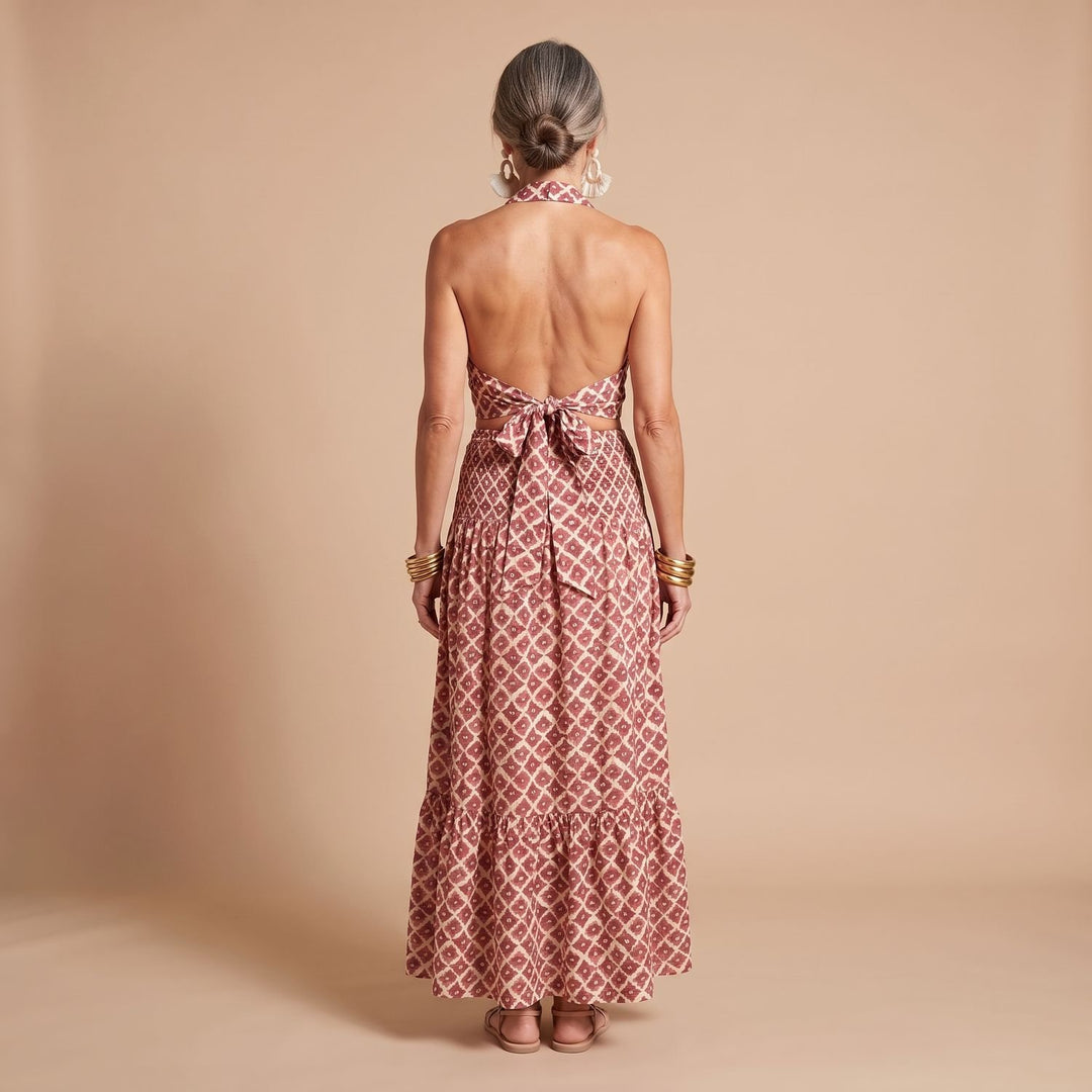 Women's Geometric Print Halter Neck Cutout Maxi Two Piece Set