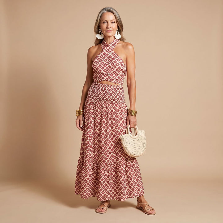 Women's Geometric Print Halter Neck Cutout Maxi Two Piece Set