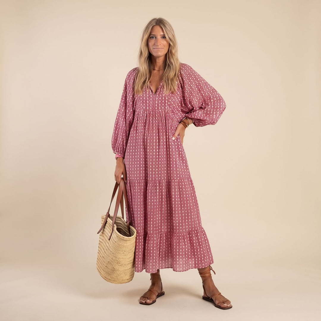 Women's Geometric Print Long Sleeve Tiered Maxi Dress - Geometric