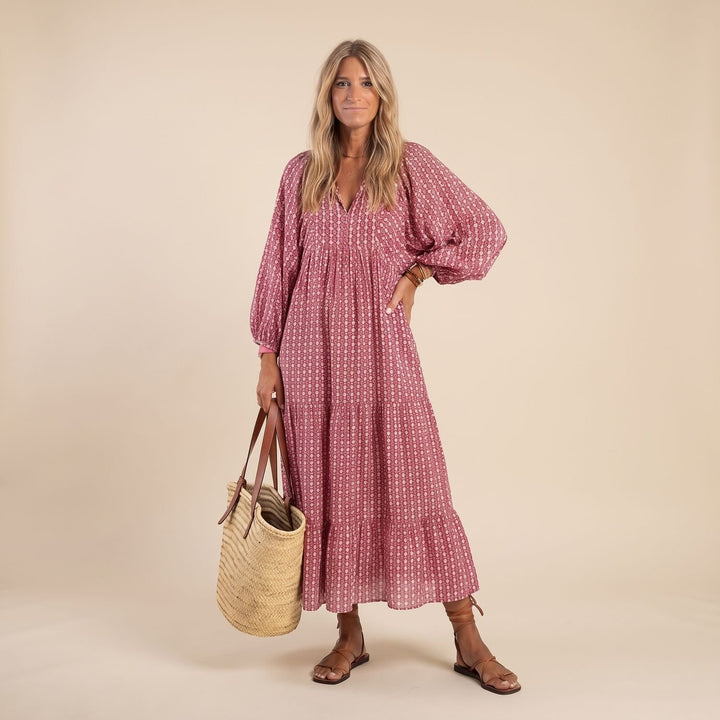 Women's Geometric Print Long Sleeve Tiered Maxi Dress - Geometric