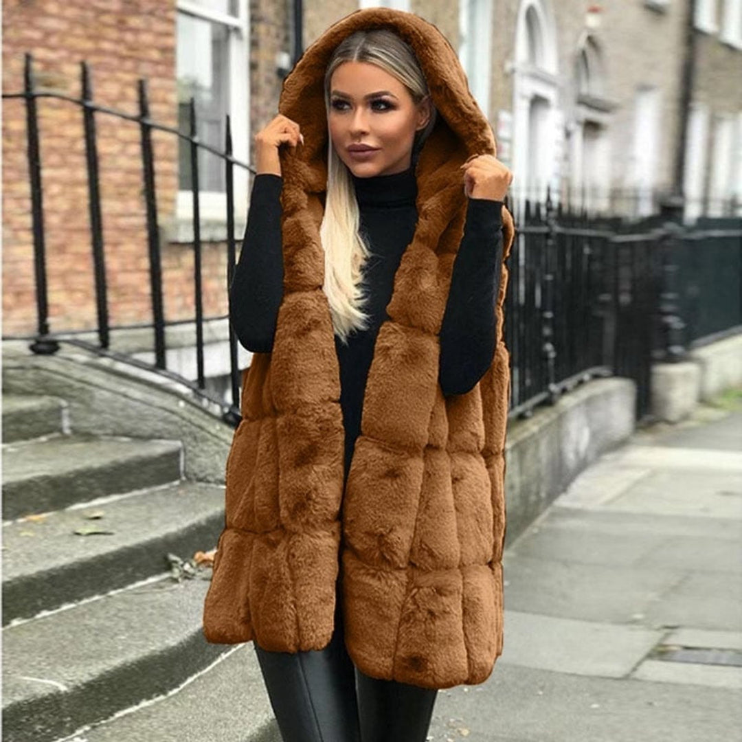 Womens Gilet Hooded Long Faux Fur Quilted Vest - Brown