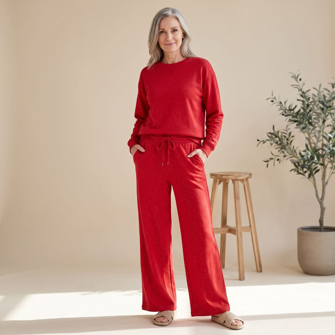 Women's Glitter Crewneck Pajama Set Two-Piece Loungewear - Red