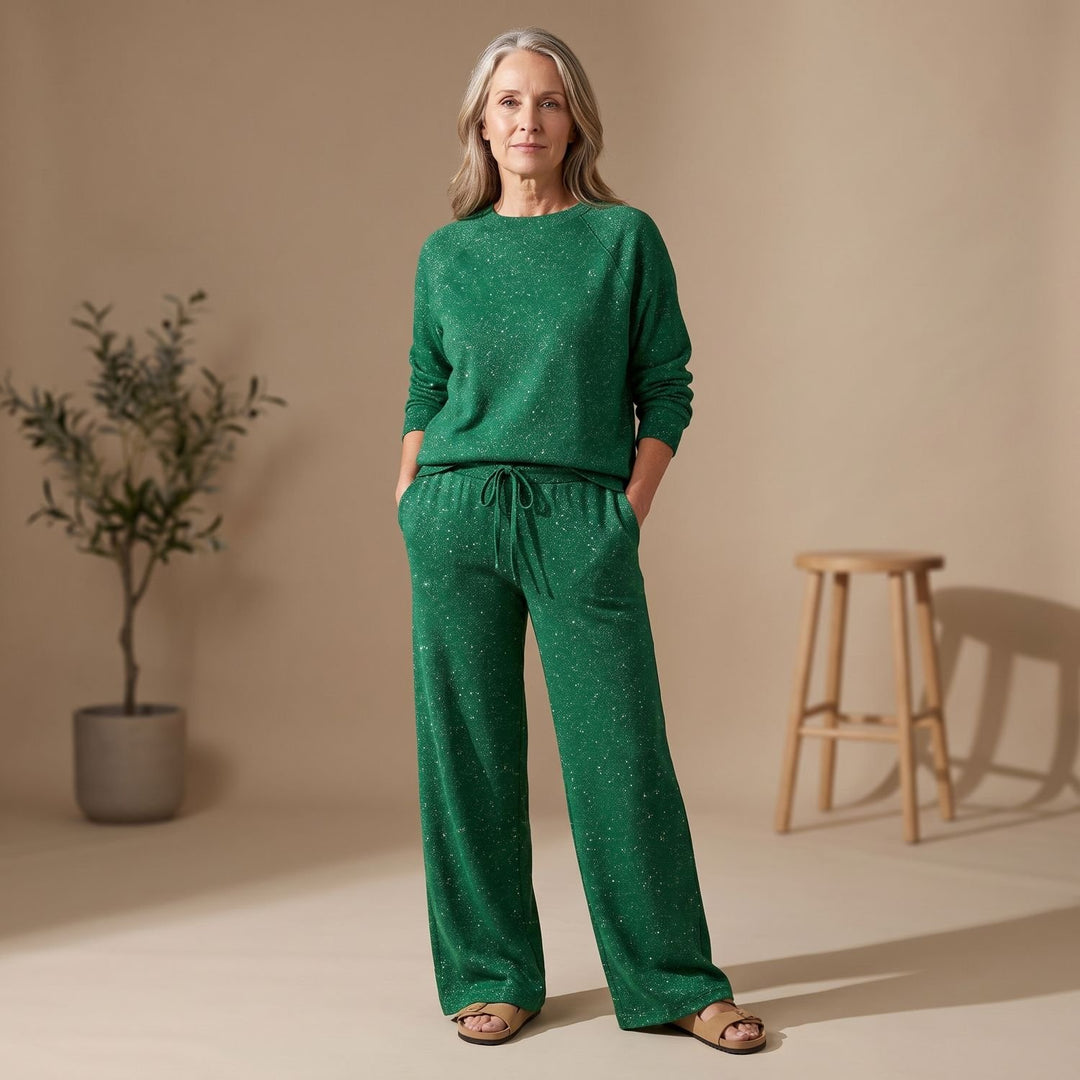 Women's Glitter Crewneck Pajama Set Two-Piece Loungewear - Green