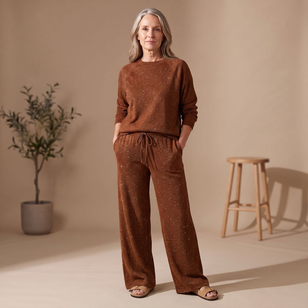 Women's Glitter Crewneck Pajama Set Two-Piece Loungewear - Brown
