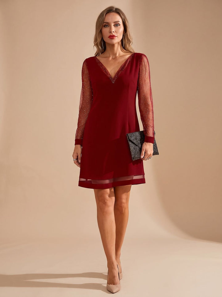 Women's Glitter Mesh Long-Sleeve V-Neck Christmas Party Dress - Red