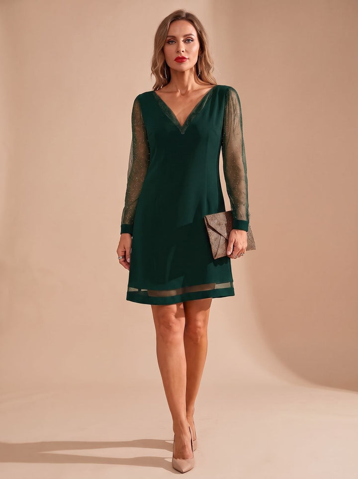 Women's Glitter Mesh Long-Sleeve V-Neck Christmas Party Dress - Green