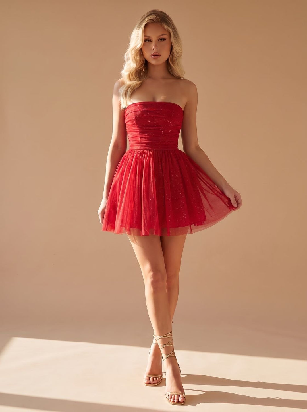 Women's Glitter Pleated Strapless Bustier Christmas Party Mini Dress - Red