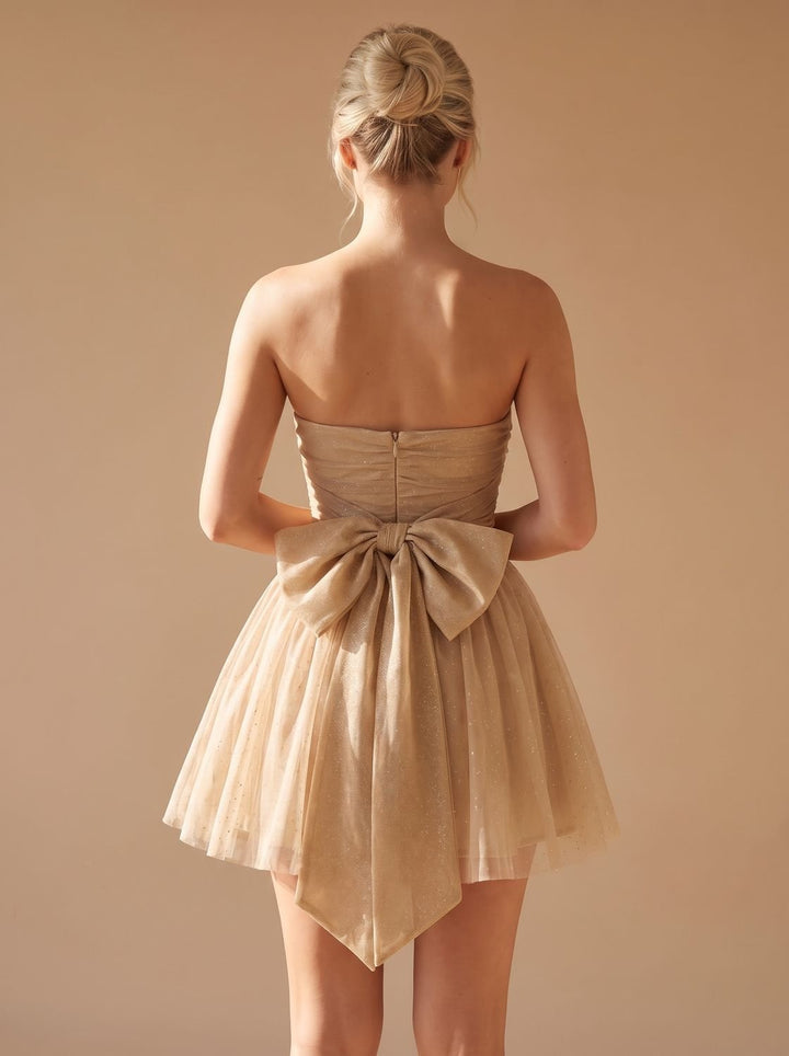 Women's Glitter Pleated Strapless Bustier Christmas Party Mini Dress - Gold