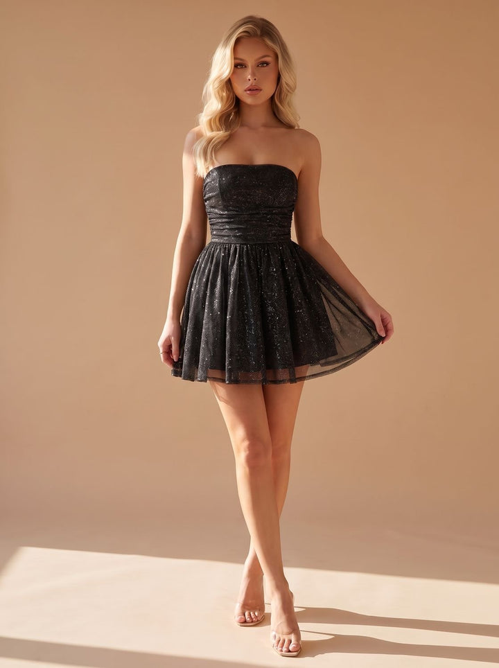 Women's Glitter Pleated Strapless Bustier Christmas Party Mini Dress - Black