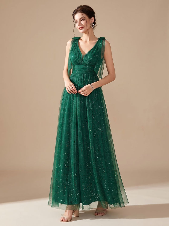 Women's Glitter Sequin V-Neck Sleeveless Long Formal Dress