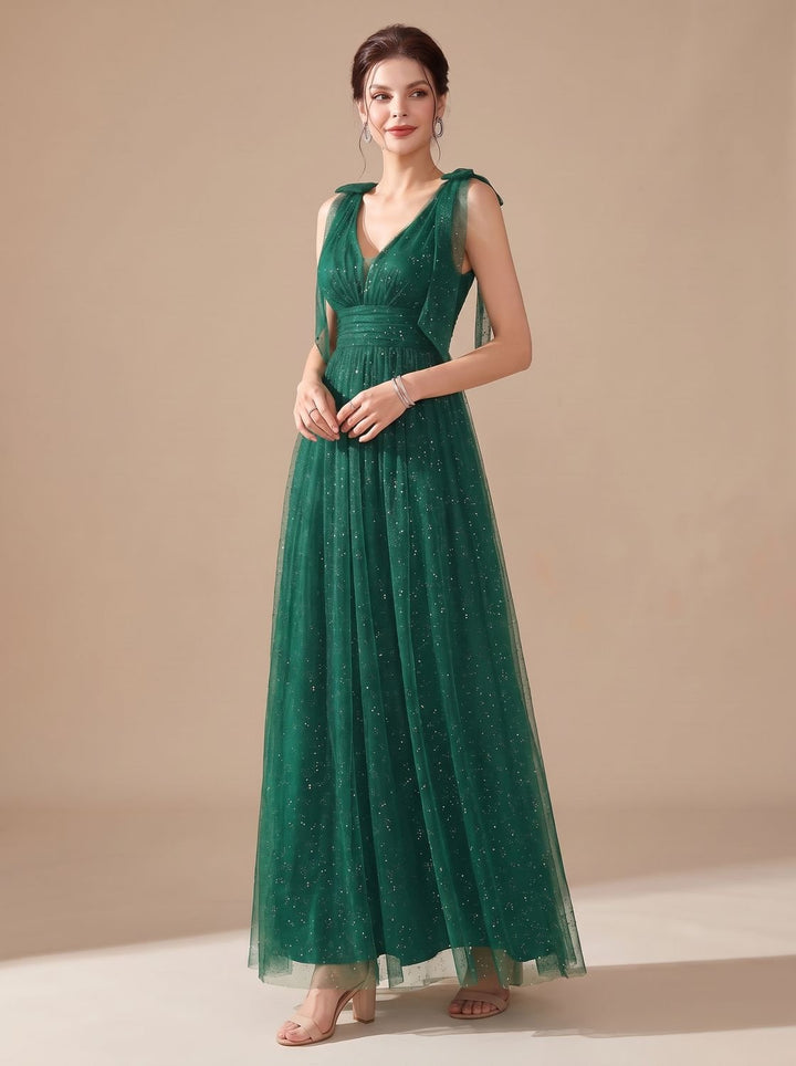Women's Glitter Sequin V-Neck Sleeveless Long Formal Dress - Green