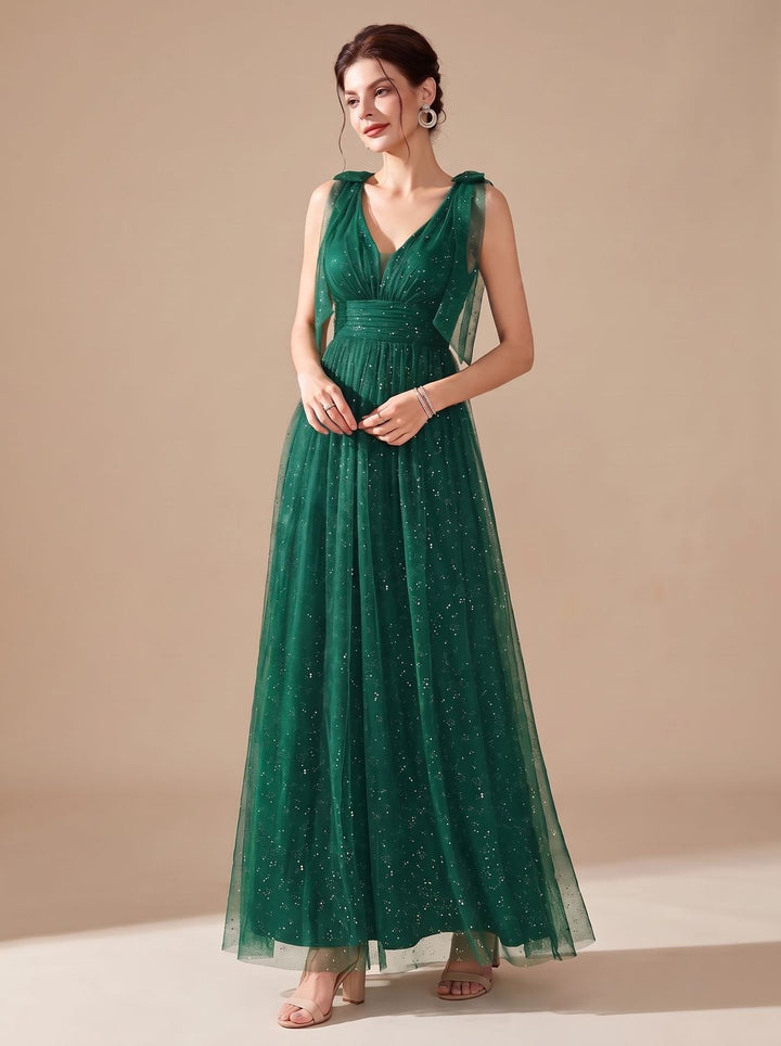 Women's Glitter Sequin V-Neck Sleeveless Long Formal Dress
