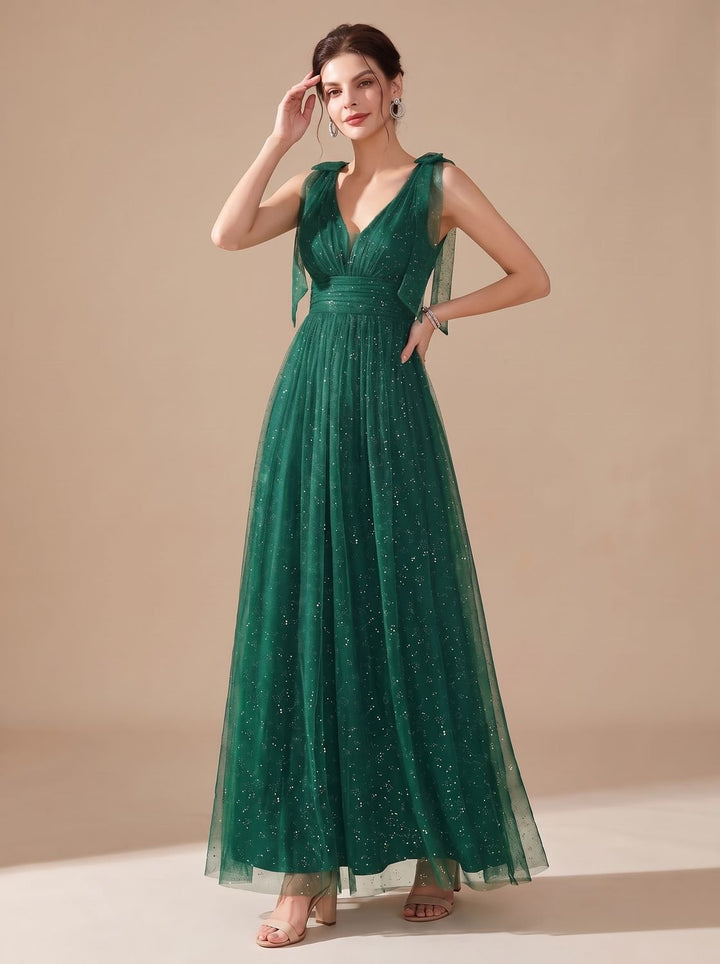 Women's Glitter Sequin V-Neck Sleeveless Long Formal Dress