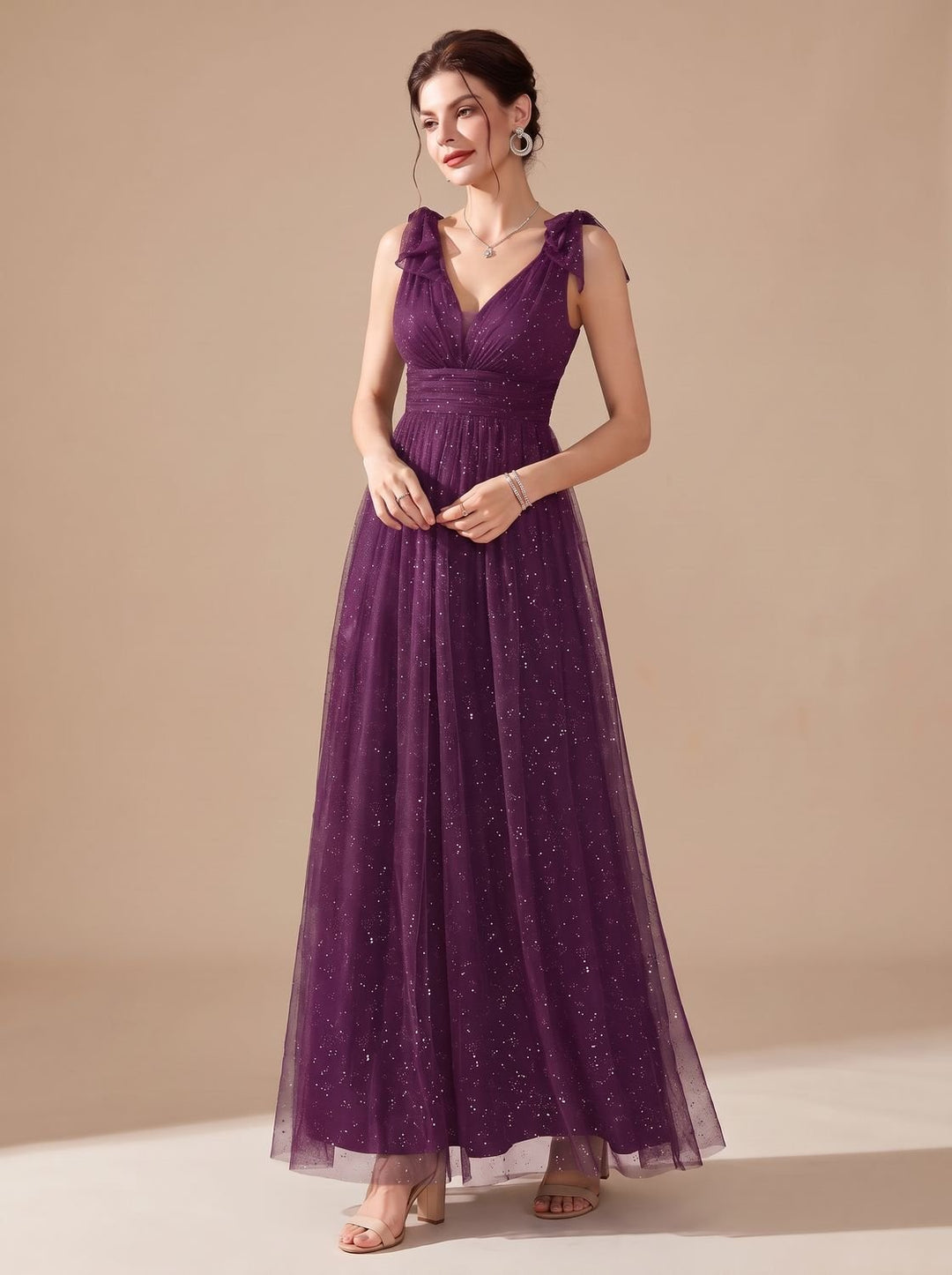 Women's Glitter Sequin V-Neck Sleeveless Long Formal Dress - Purple