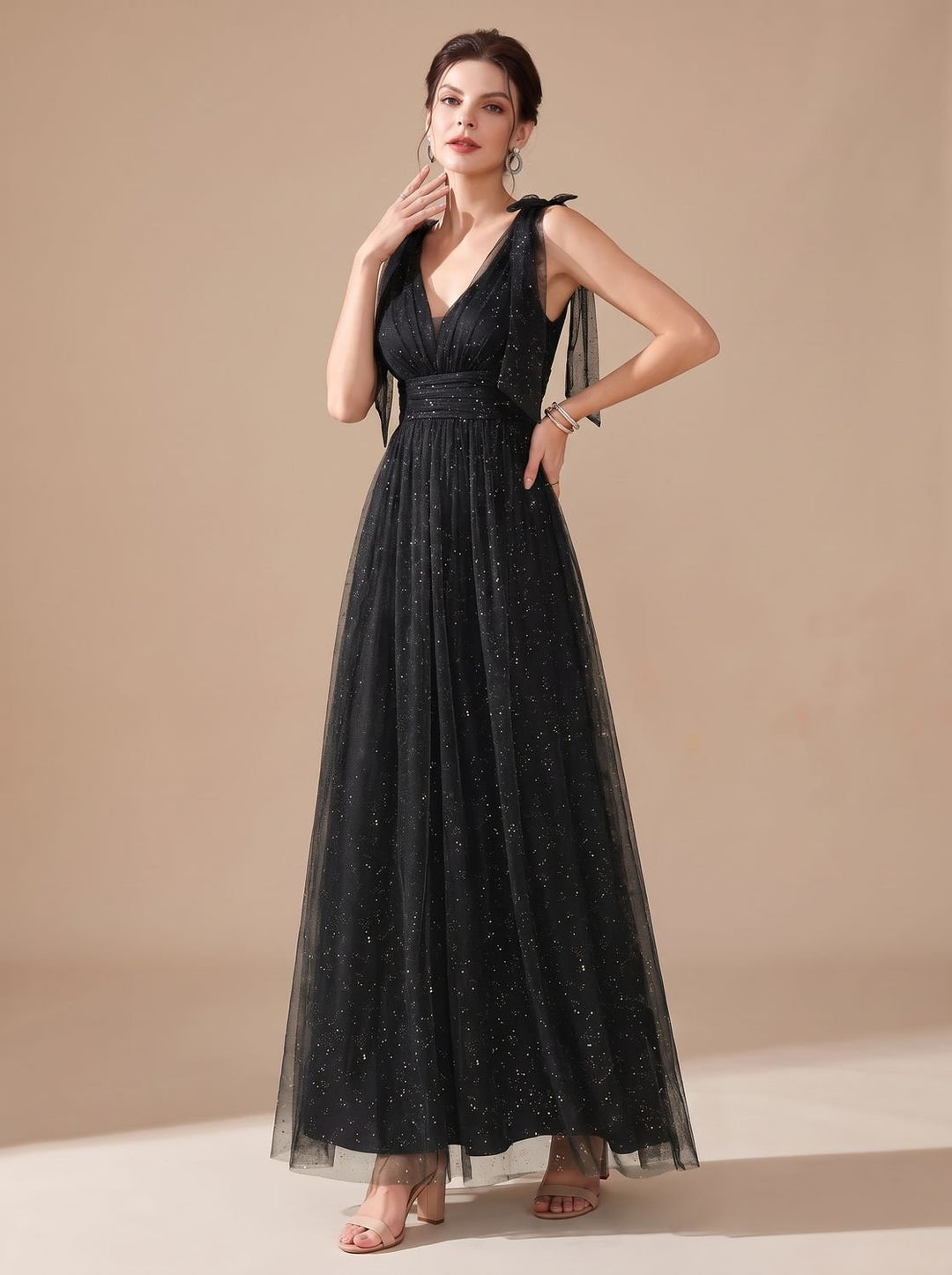 Women's Glitter Sequin V-Neck Sleeveless Long Formal Dress - Black