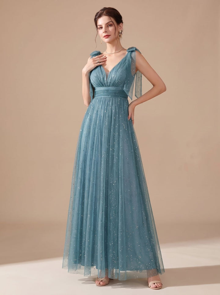 Women's Glitter Sequin V-Neck Sleeveless Long Formal Dress - Light Blue
