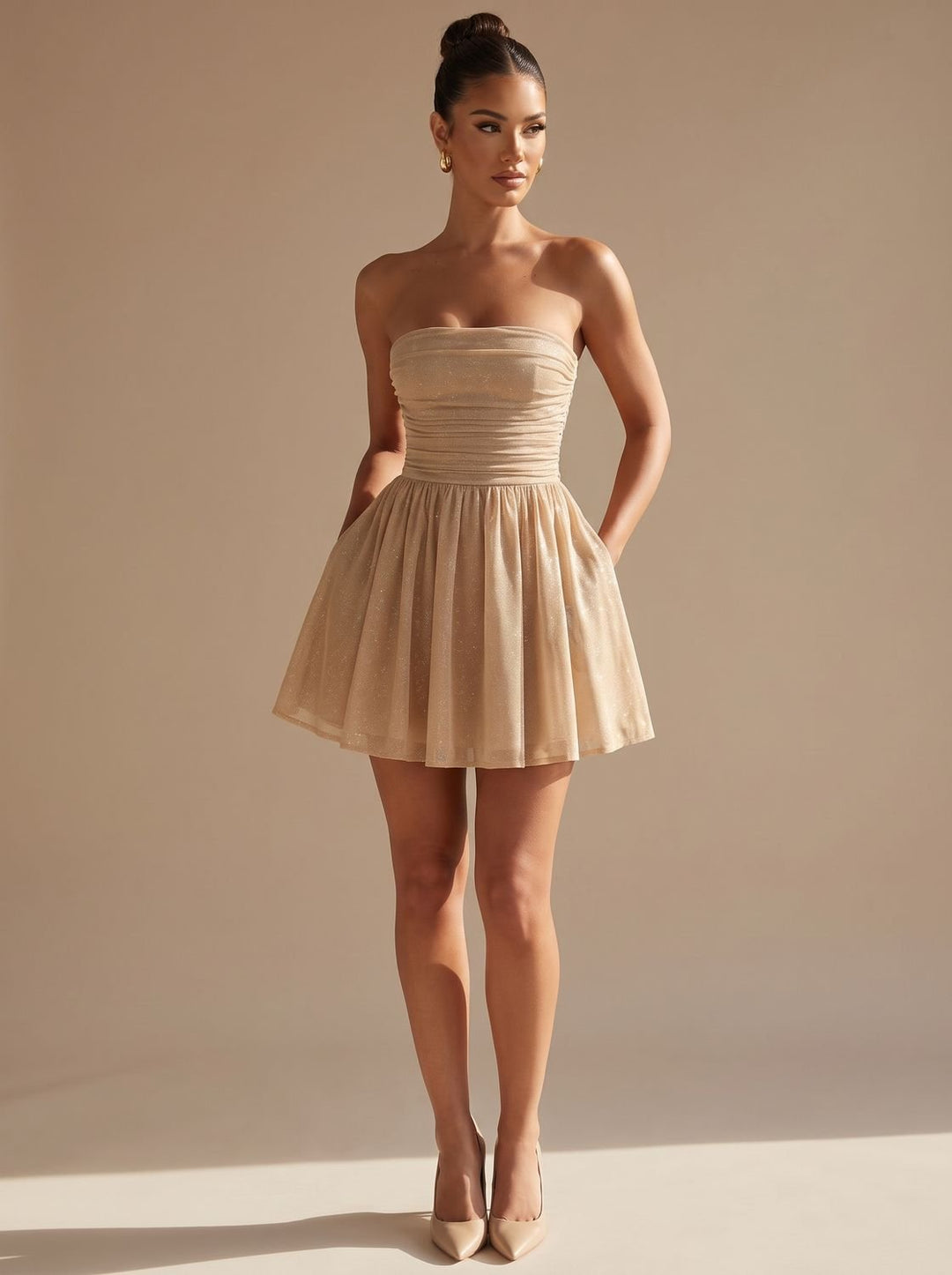 Women's Glitter Strapless Fit-and-Flare Mini Sequin Dress - Gold