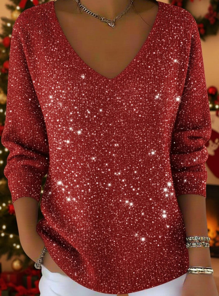 Women's Glitter V-Neck Long-Sleeve Christmas Sweater - Red