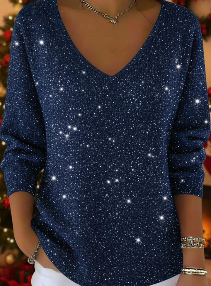 Women's Glitter V-Neck Long-Sleeve Christmas Sweater - Navy Blue