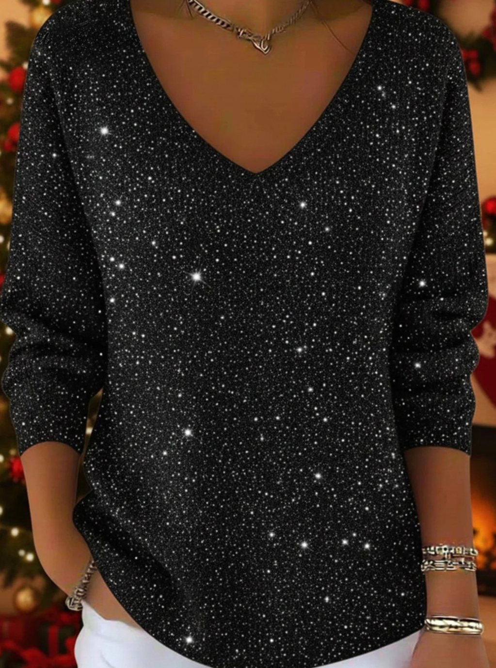 Women's Glitter V-Neck Long-Sleeve Christmas Sweater - Black