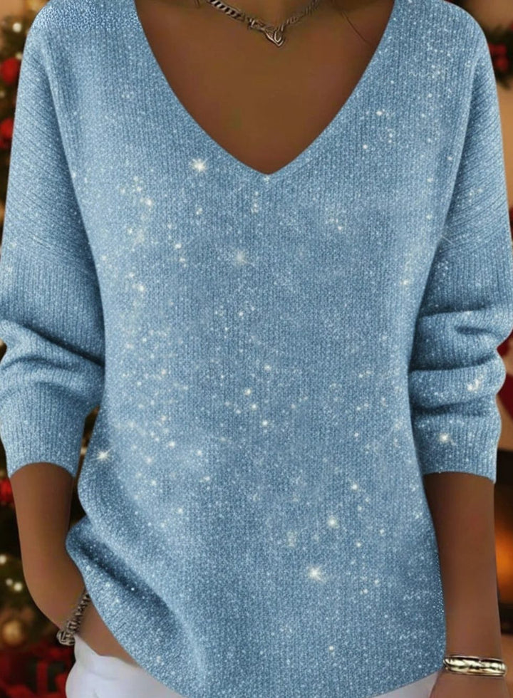 Women's Glitter V-Neck Long-Sleeve Christmas Sweater - Blue