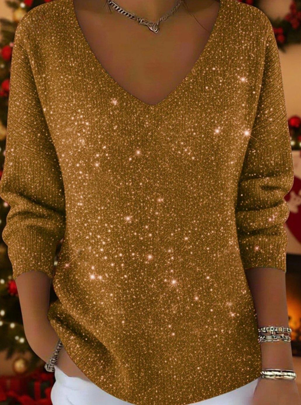 Women's Glitter V-Neck Long-Sleeve Christmas Sweater - Gold