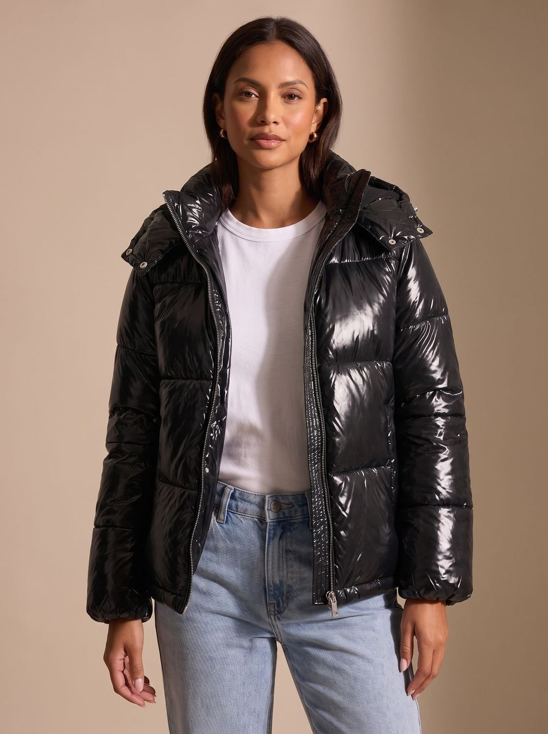 Women's Glossy Hooded Quilted Puffer Jacket - Black