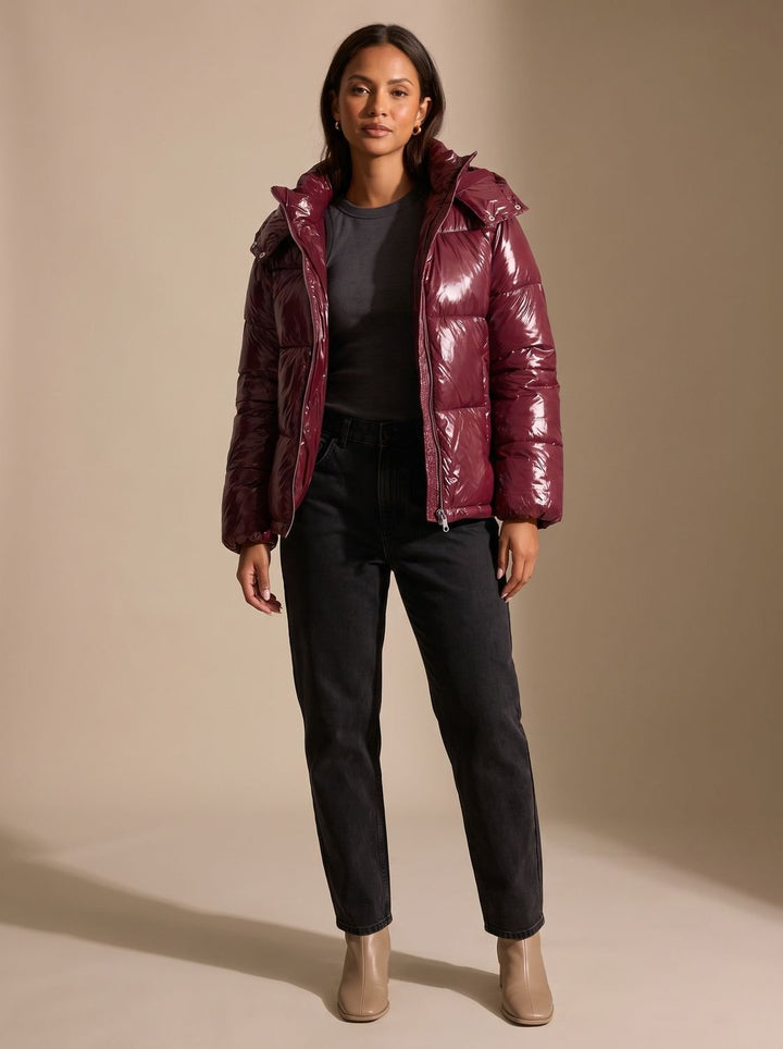Women's Glossy Hooded Quilted Puffer Jacket