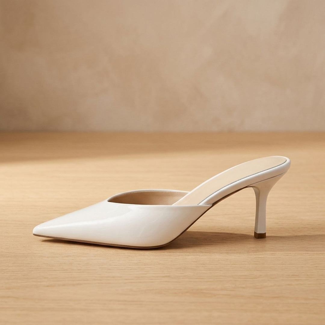Women's Glossy Pointed Toe Slingback Heels Slip-On Mule Pumps - Beige