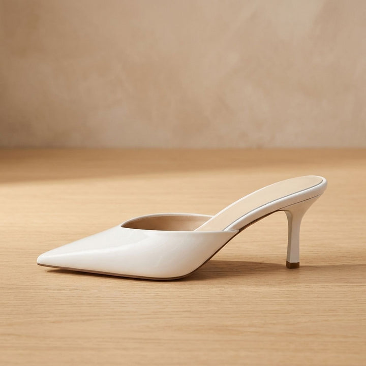 Women's Glossy Pointed Toe Slingback Heels Slip-On Mule Pumps - Beige