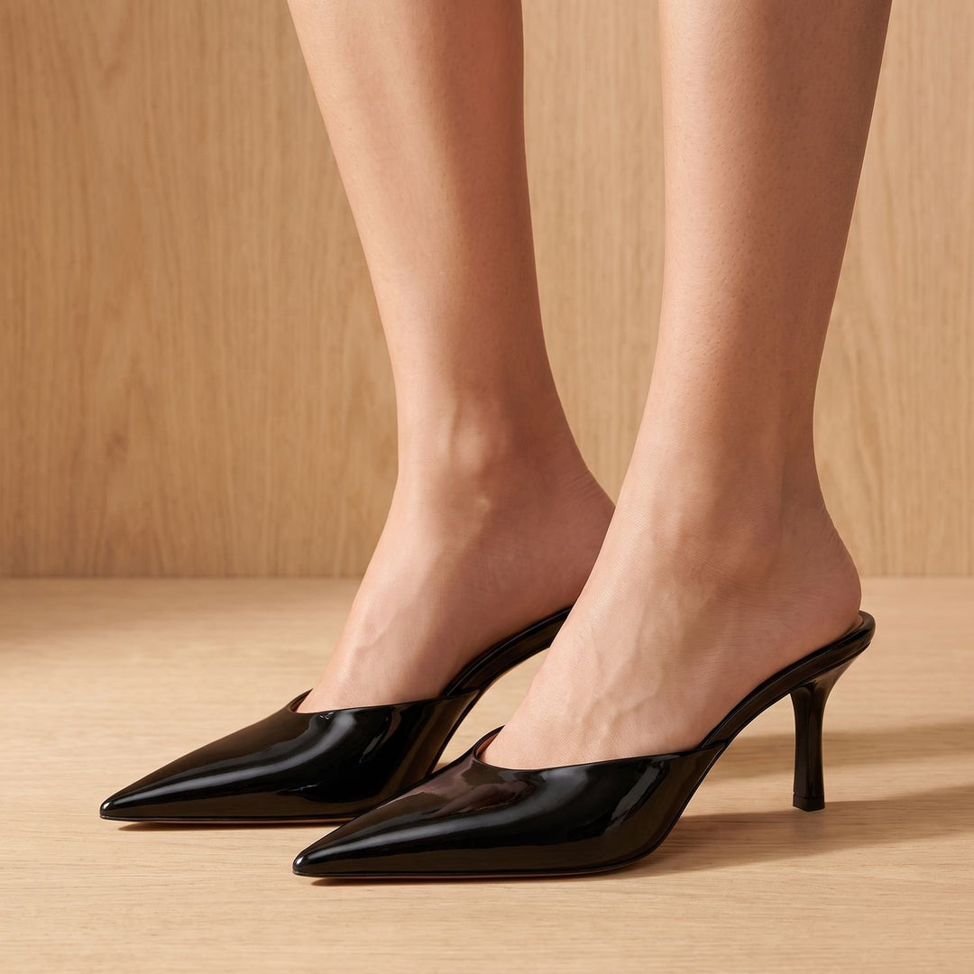 Women's Glossy Pointed Toe Slingback Heels Slip-On Mule Pumps