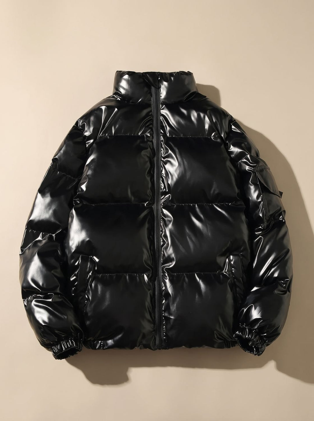Women's Glossy Stand-Collar Quilted Puffer Jacket - Stand Collar Black