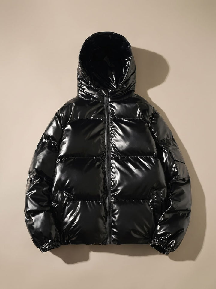 Women's Glossy Stand-Collar Quilted Puffer Jacket - Hooded Black
