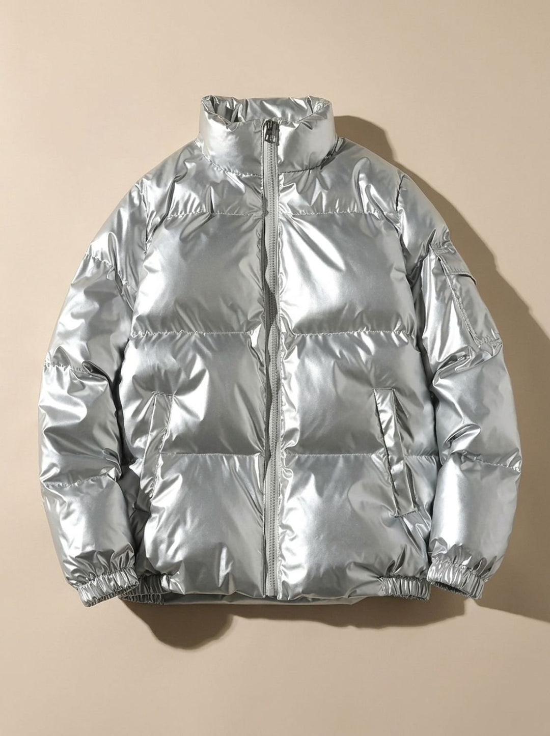 Women's Glossy Stand-Collar Quilted Puffer Jacket - Stand Collar Silver