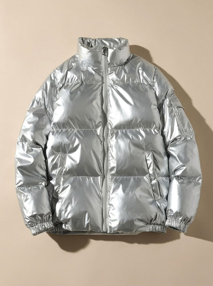 Women's Glossy Stand-Collar Quilted Puffer Jacket - Stand Collar Silver