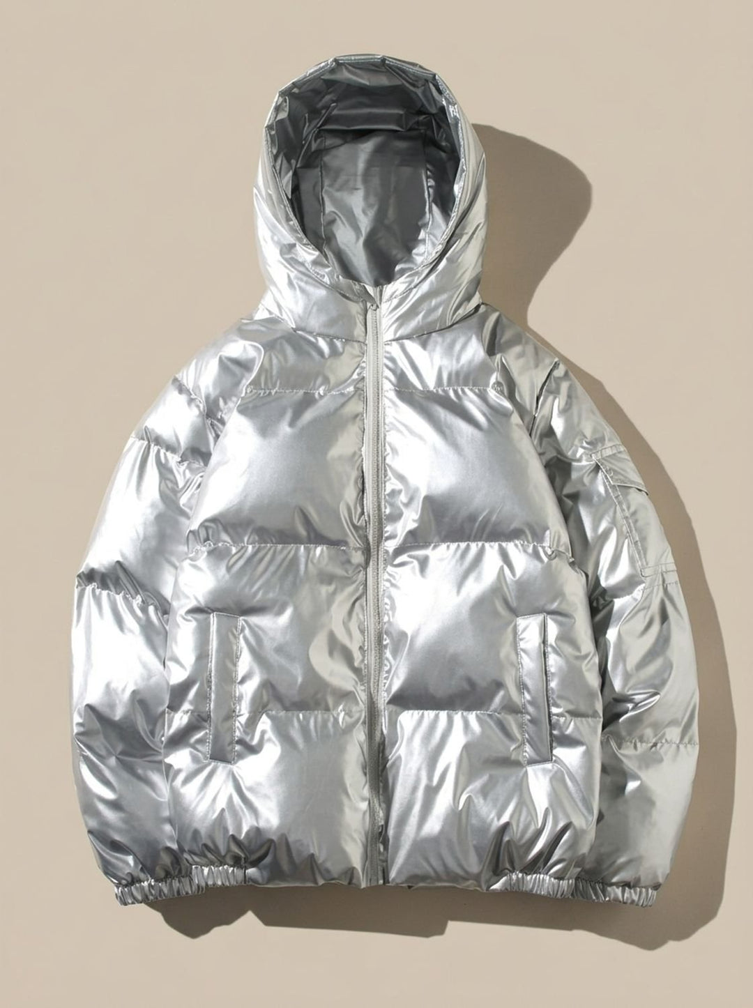 Women's Glossy Stand-Collar Quilted Puffer Jacket - Hooded Silver