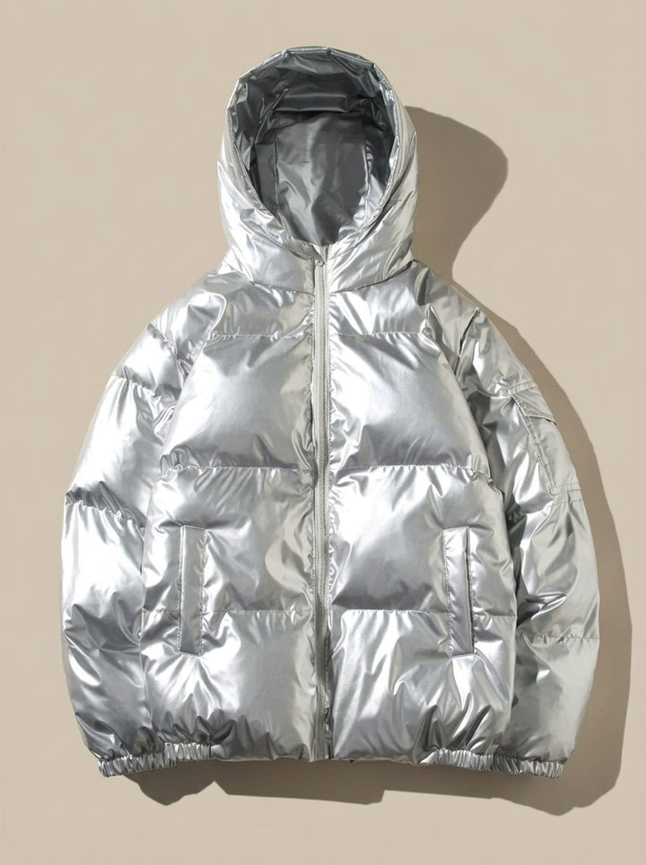 Women's Glossy Stand-Collar Quilted Puffer Jacket - Hooded Silver