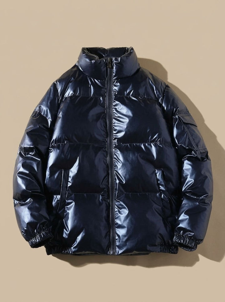 Women's Glossy Stand-Collar Quilted Puffer Jacket - Stand Collar Blue