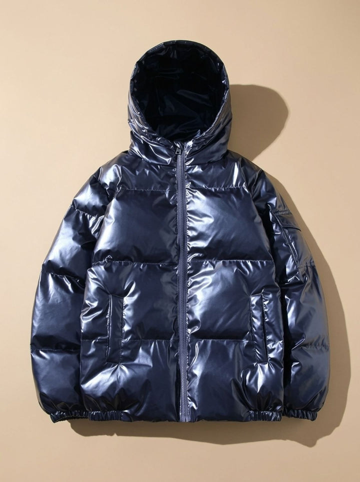 Women's Glossy Stand-Collar Quilted Puffer Jacket - Hooded Blue