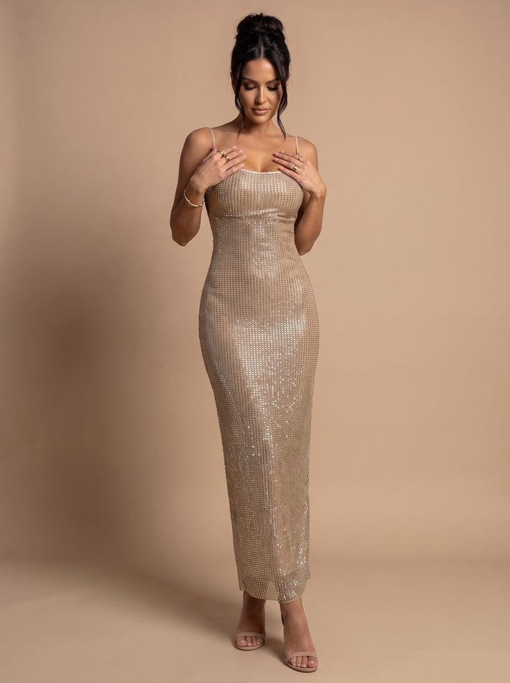 Women's Gold Glitter Spaghetti-Strap Christmas Party Dress