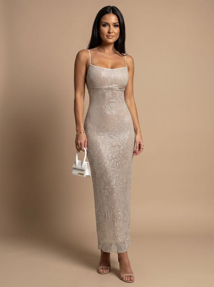 Women's Gold Glitter Spaghetti-Strap Christmas Party Dress